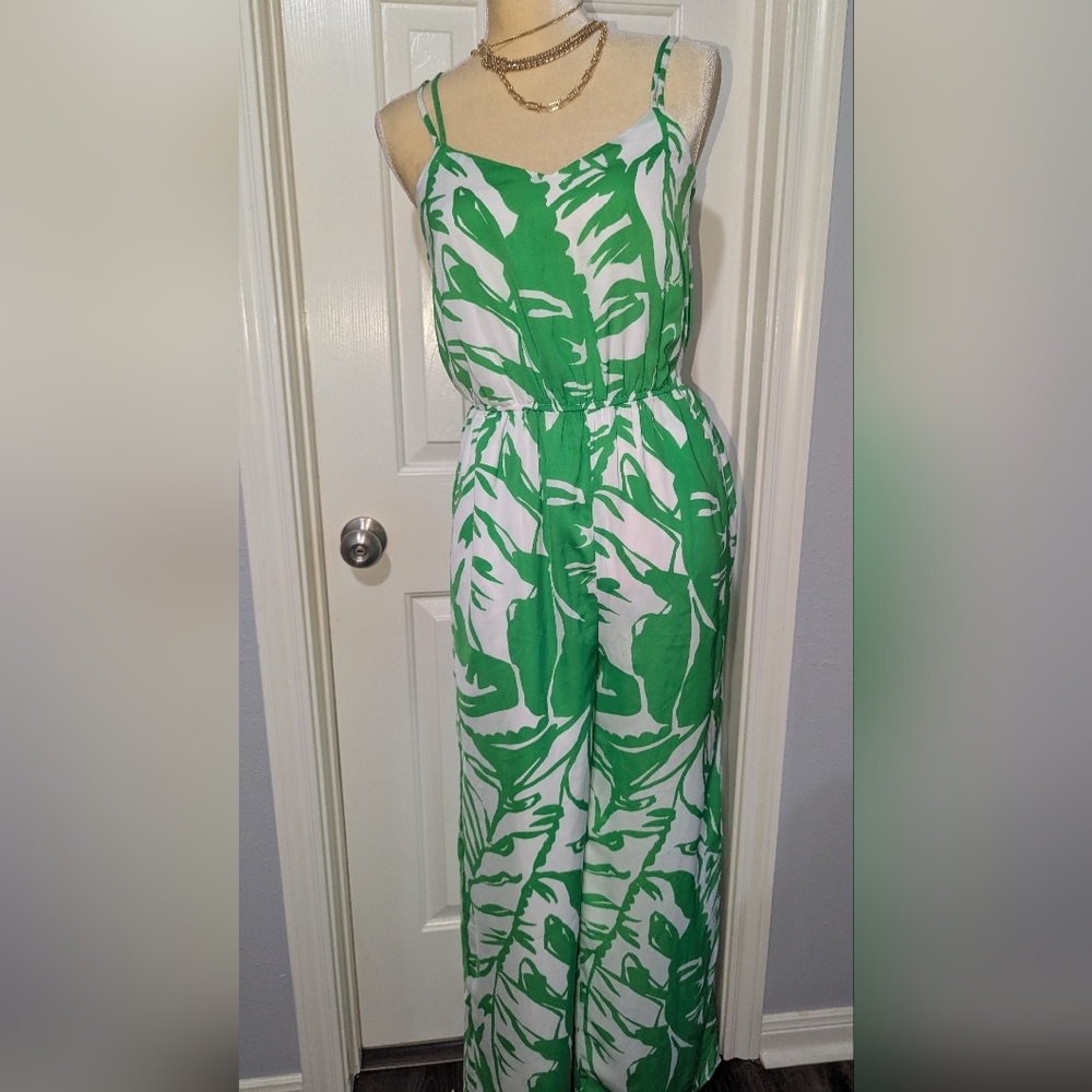 LILLY PULITZER Green and White Leaf Print Jumpsuit XS